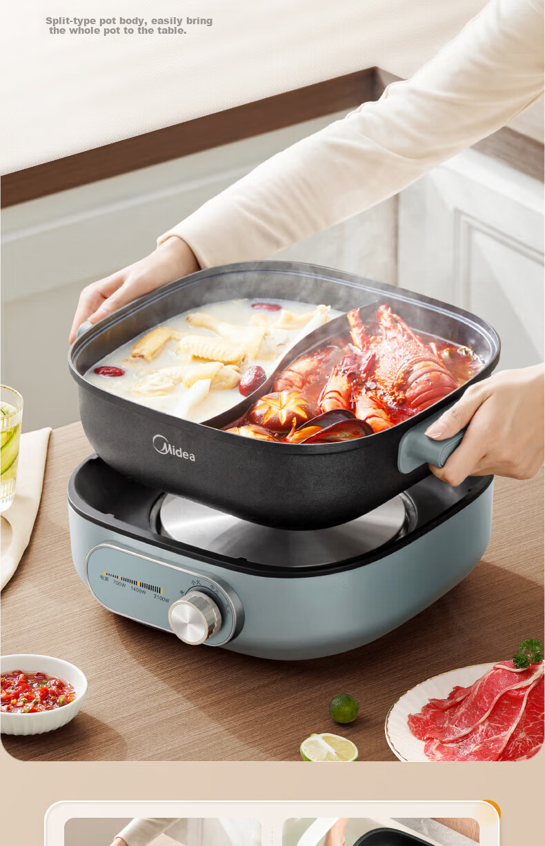 Midea Electric Hot Pot, Dual-Sided Pot for Home Use, 4-6 People, 6L Capacity, Titanium And Ceramic, Zero Fluorine, Antibacterial, Dormitory Style, Detachable Design, 9CM Deep, Multifunctional, Bionic Non-Stick Pot, New Electric Cooker, Self-Operated 15