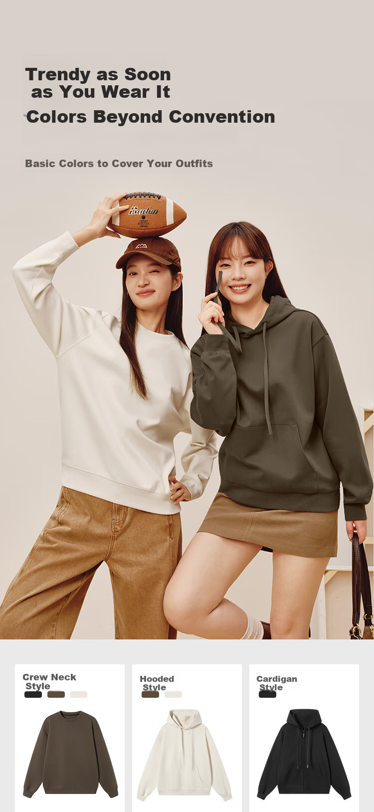 JD Original Women's Sweatshirt, New Winter Style Jacket, Round Neck Solid Color Clothing, Cream White, Size S 13