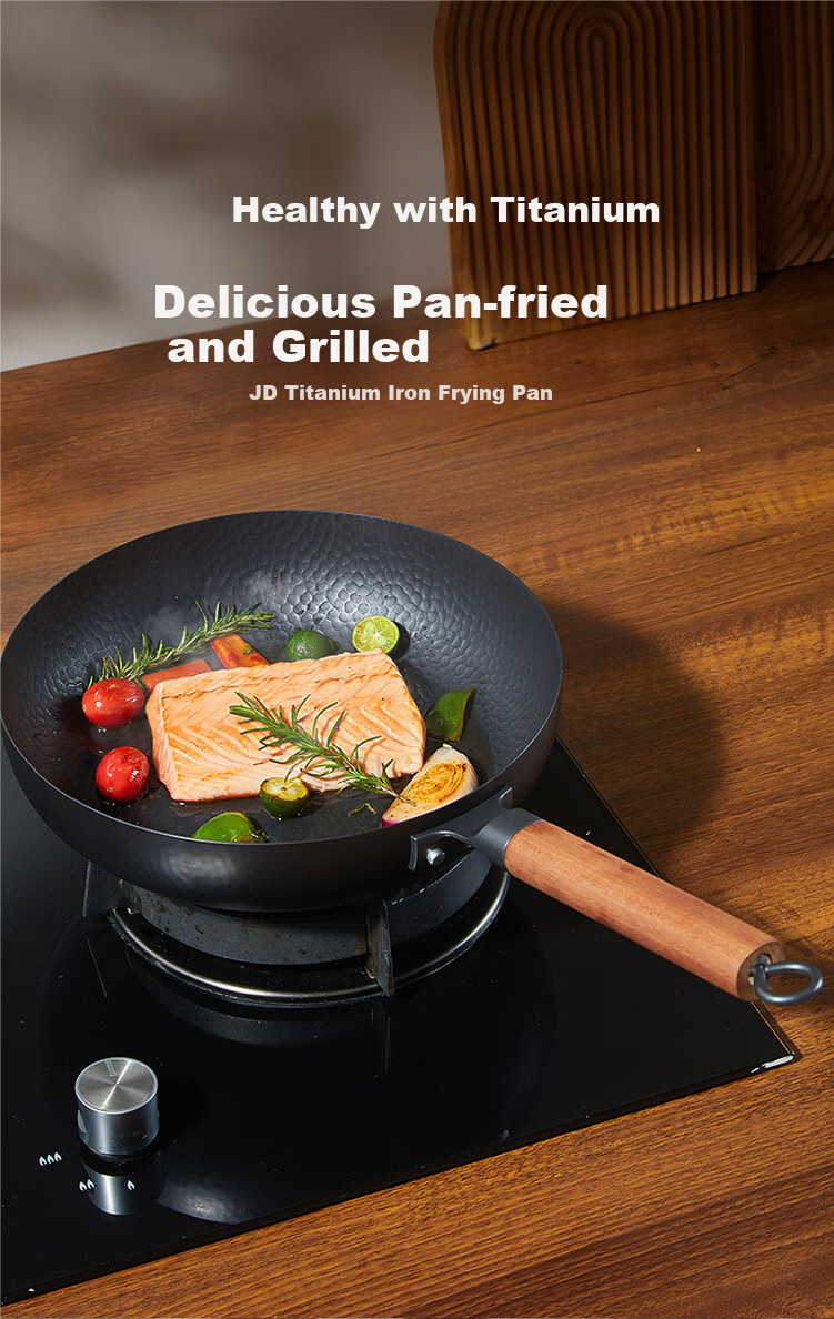 JD Original Frying Pan, Titanium Iron Hammer Pattern Non-Coated Anti-Stick Pan for Eggs And Steak, Compatible with Induction And Gas Stoves, 28cm 1