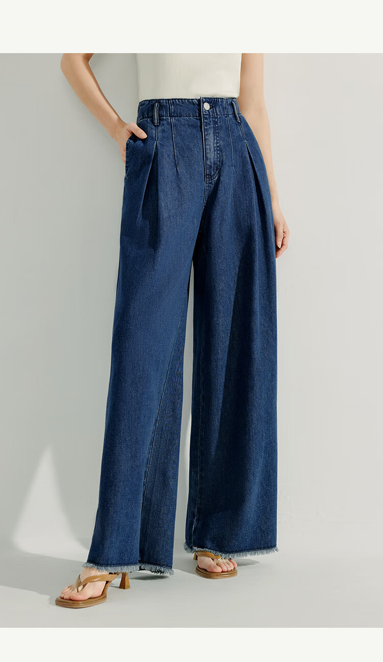 INMAN [Showroom Style] Linen Washed Frayed Wide-Leg Pants, Summer High-Waist Straight-Leg Trousers, Dark Denim Blue, Size 27 7