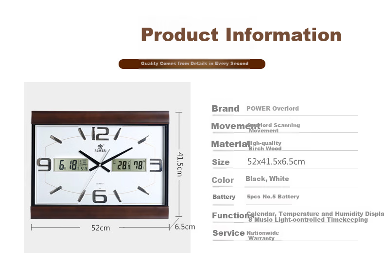 POWER Large Wooden Wall Clock, 52cm Long, Music Chime for Living Room Perpetual Calendar, 0101BLMKS 3