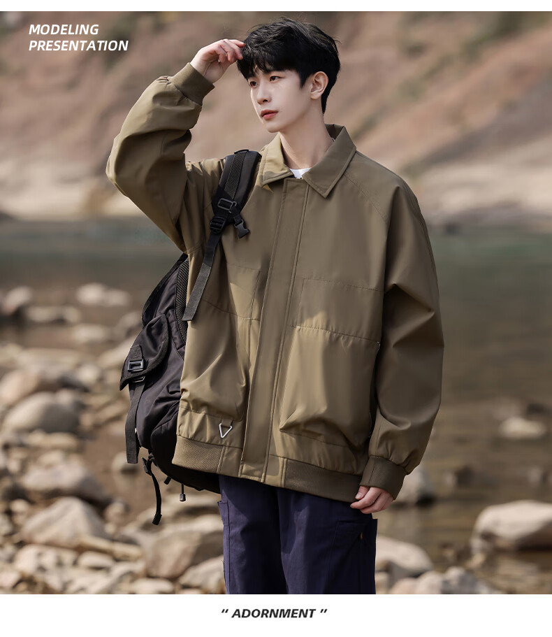Foss Phil Men's Jacket, Spring And Autumn Casual Loose Fit, Japanese Retro Simple Solid Color Coat for Men, 2510 Amber Black 2XL 1