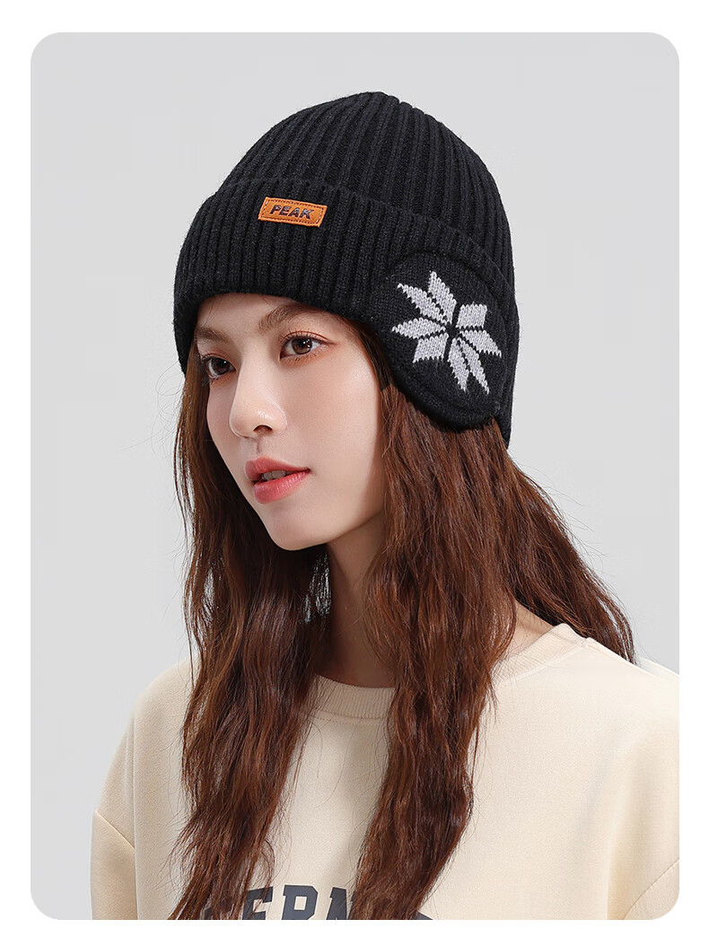 PEAK Men's Winter Ear Protection Knit Hat Outdoor Cycling Warm Fleece Cotton Hat Ear Muffs Black 1