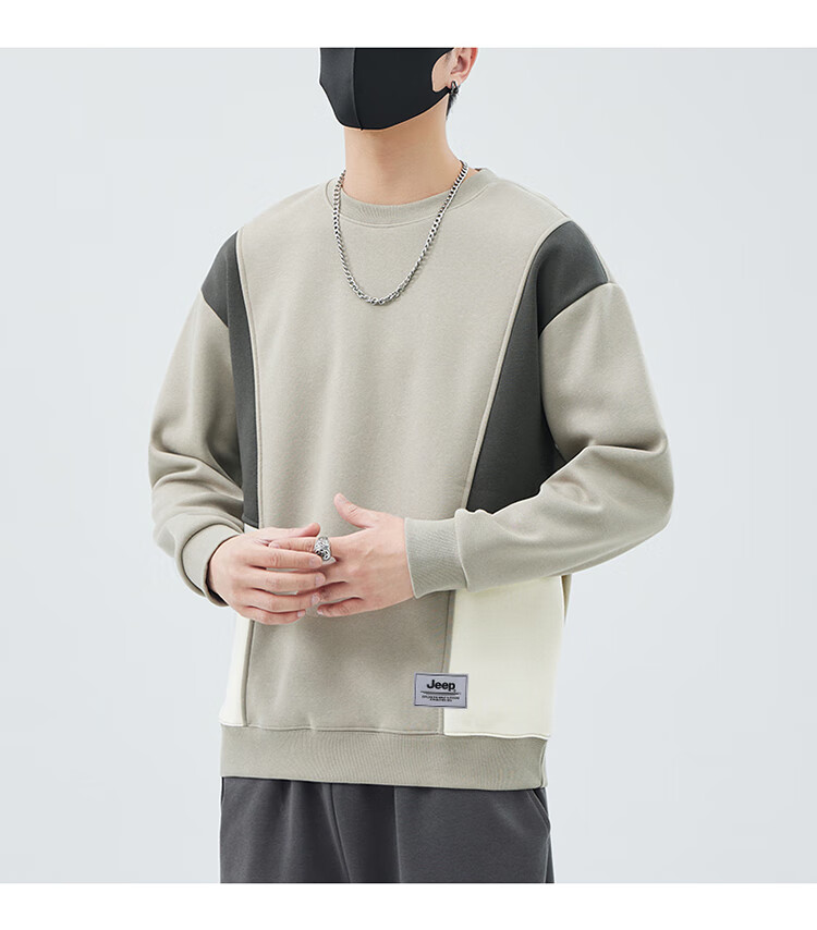 JEEP Men's Sweatshirt, Color Block Design, Heavyweight, Spring And Autumn Long-Sleeve T-Shirt, Loose-Fitting Trendy Base Layer Top, Men's Clothing, Black, 2XL 13