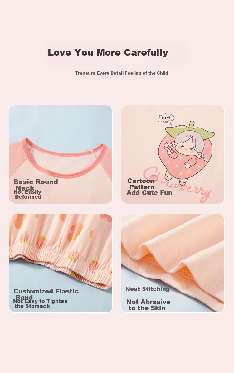 MiiOW Children's Pajamas [100% Cotton], Girls' Summer Thin Round Neck Pajamas, Baby Girl Wearable Loungewear Set 5