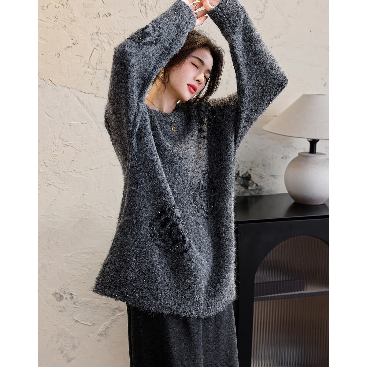 Demana Autumn Sequin Rose Wool Blend Loose Fit Crew Neck Drop Shoulder Knit Sweater
