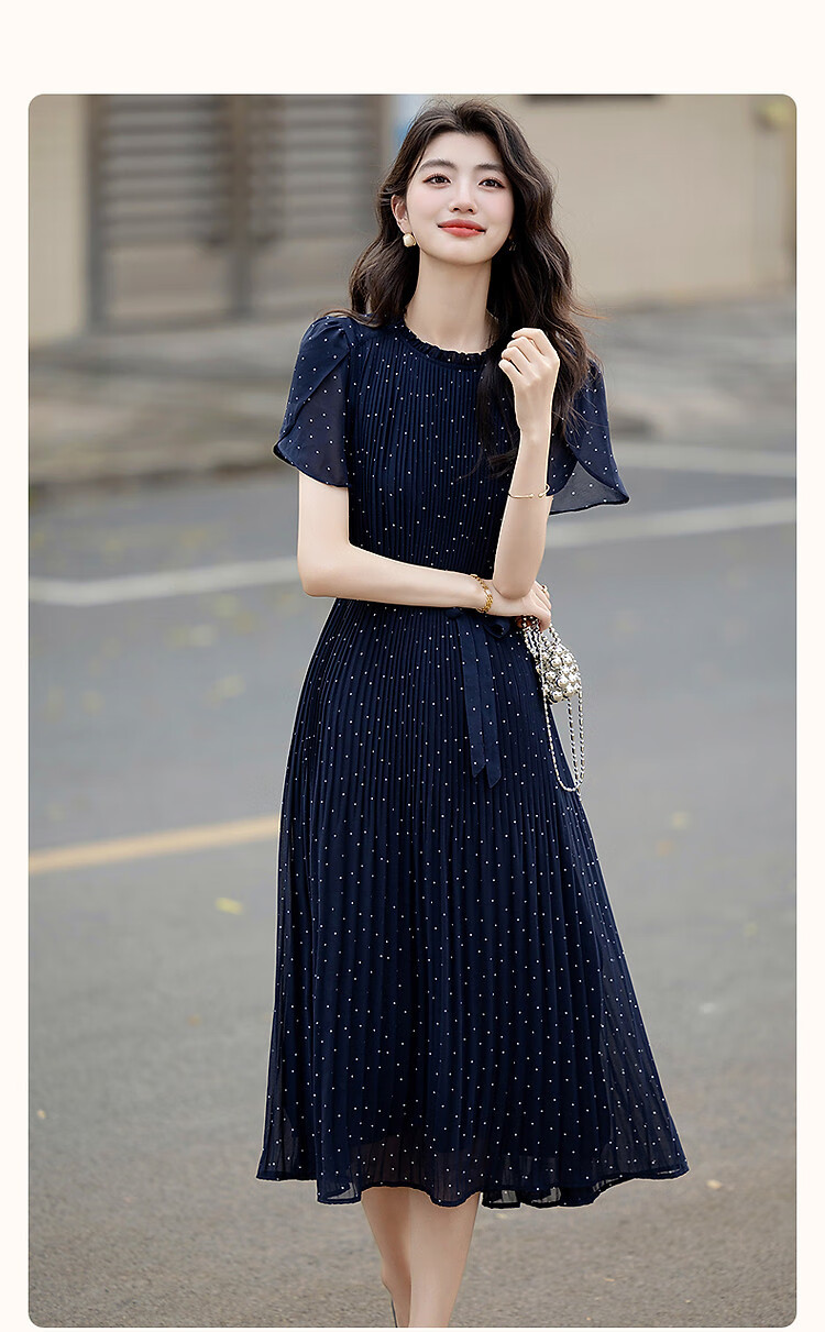 Dme [Watermark Dotted Print], Summer Elegant Gradient Pleated Lotus Leaf Sleeve Tie-Back Flowing Mid-Length Women's Dress 1