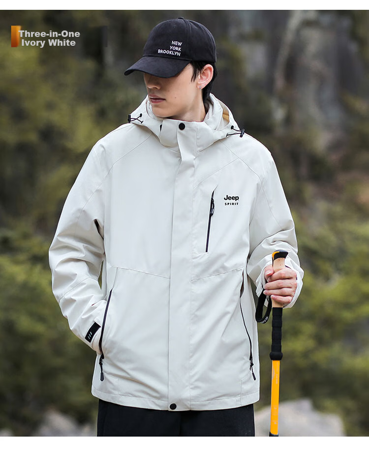 JEEP SPIRIT Men's Jacket, Spring And Autumn Korean Style Workwear Three-In Fleece Windbreaker, Ivory White - 2XL 14