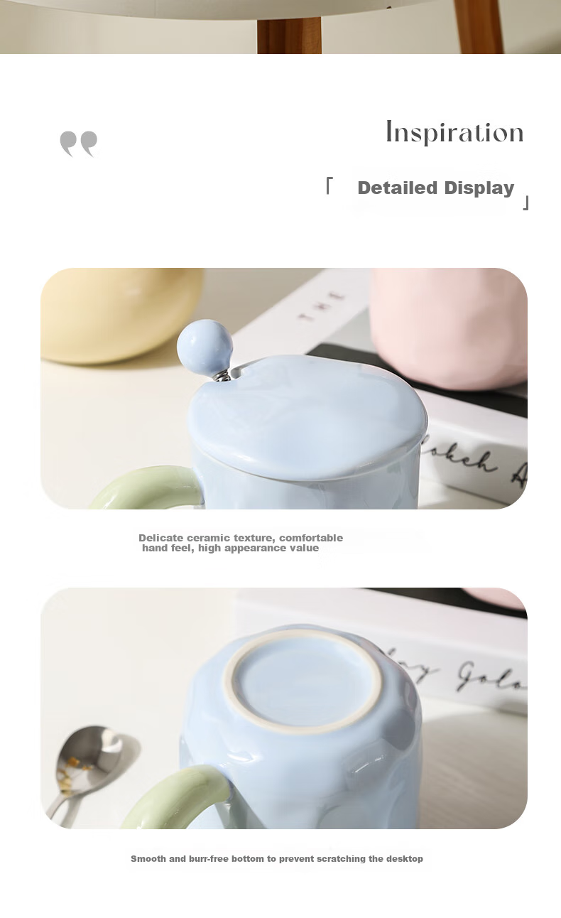 JIWUSENLIN Ceramic Mug with Spoon And Lid, Coffee Cup, Couple's Tea Cup, Dishwasher Safe, Yellow, 420ml 12