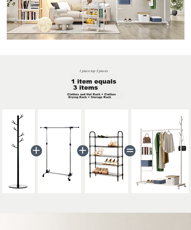 Yicainianhua Clothes Drying Rack, Floor-Standing Movable Balcony Clothes Hanger, Indoor Clothes Rack, Drying Pole, White Clothes Stand, 2266 3