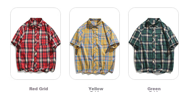 CLOR American Retro Lapel Plaid Shirt for Men, Spring And Summer Style, Loose Casual Trendy Short Sleeve CLCX05 Green 4XL 4
