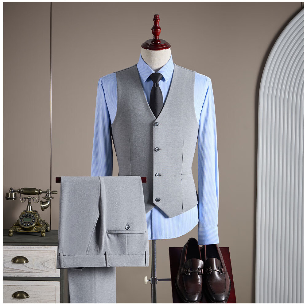 ROMON Men's Business Suit Set Blazer + Vest + Trousers Black 2XL 16