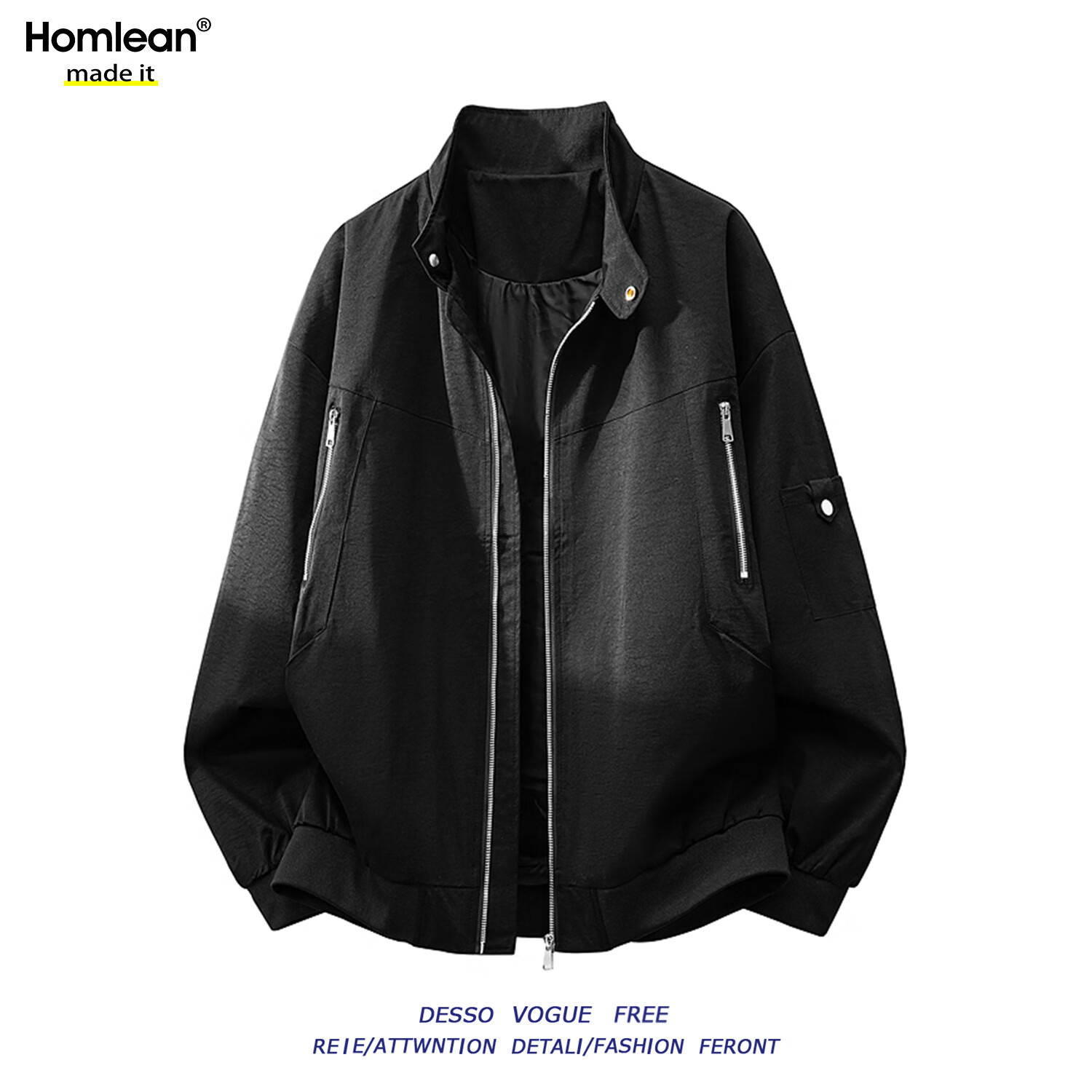 Homlean American Vintage Stand Collar Jacket Men Autumn Winter Trendy Loose Thickened Workwear HW60 Black M