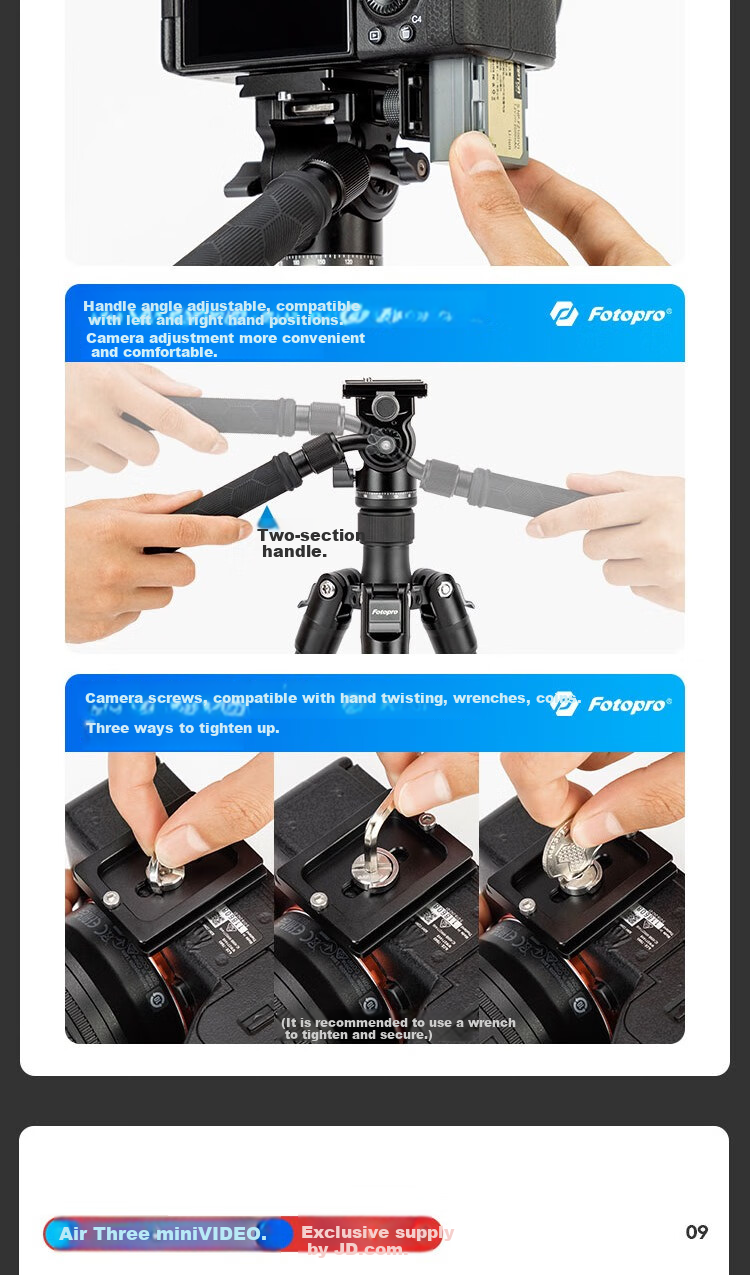Fotopro Air Three Mini Video Phone Live Streaming Photography Carbon Fiber Video Shooting Hydraulic Tripod Camera Stand with Phone Clamp Included 10