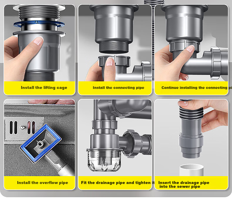 Haili Kitchen Sink Drain Pipe Complete Set, Double Sink 110mm Drainage System, Dishwashing Basin Drainage Pipe Kit Accessories S18 28