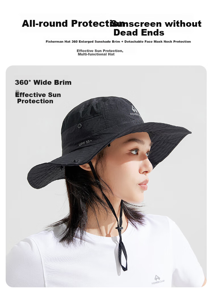 Toread Outdoor Sun Protection Bucket Hat with Face Mask for Men and Women, Large Brim Sunshade Fishing Hat, Black, Size L 3