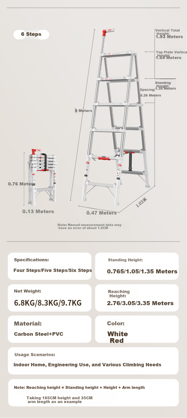 DU PONT [Naianxiaoyun Ladder] Folding A-Frame Ladder for Home Use, Indoor Telescopic Ladder, Multi-Functional Climbing Ladder, 5 Steps 13