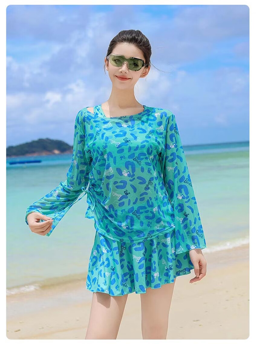 Barbie Women's High-End Conservative Long-Sleeve Swimsuit Set with Skirt for Beach Vacation, Slimming And Concealing Three-Piece Swimwear 11