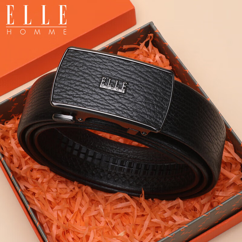 ELLE HOMME Men's Belt, Business Fashion Automatic Buckle Waistband, Top Grain Leather Trouser Belt for Men, 3235 Black, 110cm Gift Box