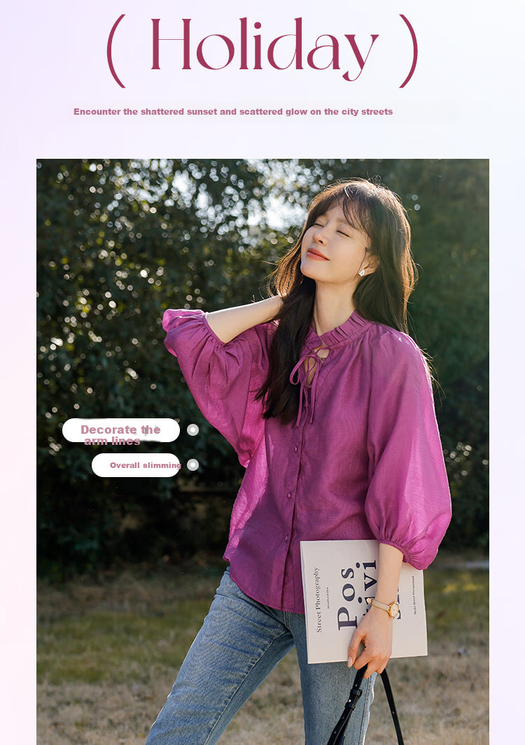 Mt [Candied Yangmei] Summer Elegant Small V-Neck Korean Style Ruffle Mid-Sleeve Blouse 5
