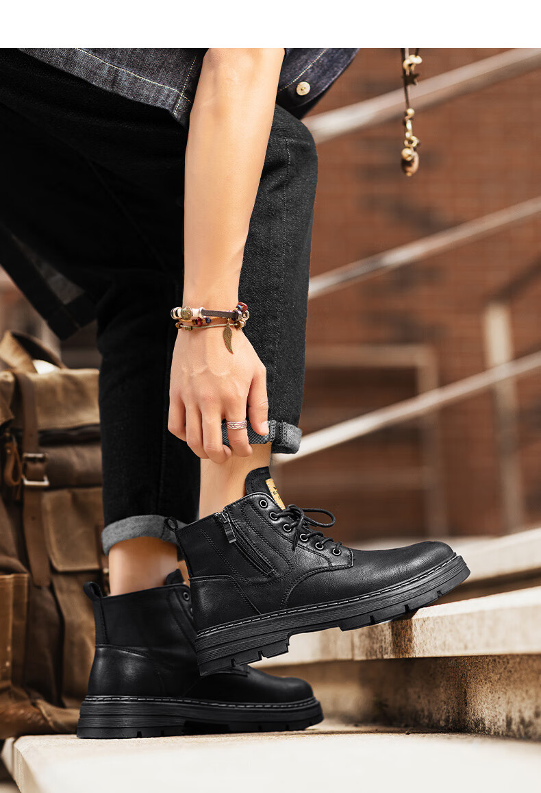 Bull Family [Zhang Ruoyun Same Style] Men's Genuine Leather Martin Boots 2026 Autumn Winter New High-top British Style Work Boots for Men 8
