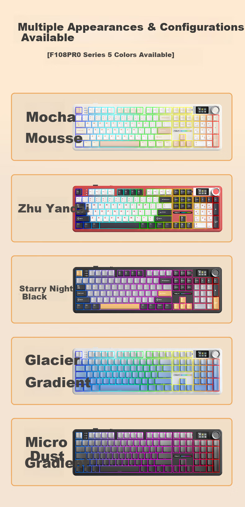 AULA F108pro Custom Mechanical Keyboard, Wireless Bluetooth Tri-Mode Display, Gasket Structure, RGB Lighting Effects, 108 Keys for Gaming And Office Use, Gradient Gray - Caramel Latte Switches 7