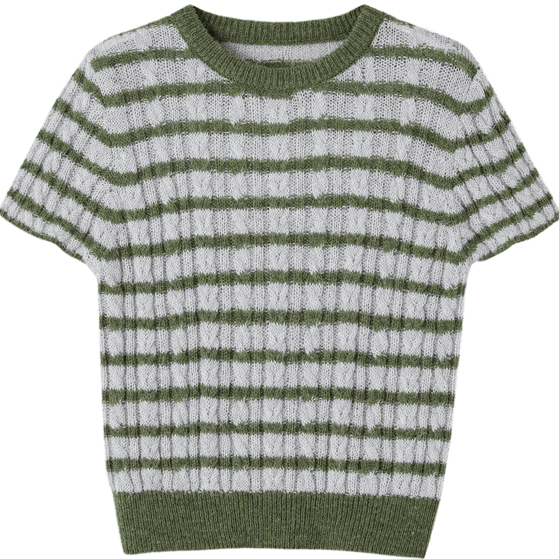 MT [Sen Ye Xian Zong] Spring Vintage Wool Blend Colorblock Striped Soft Short Sleeve Knit Top for Women