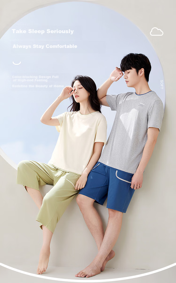 Hongdoujujia Pure Cotton Pajamas for Men, Summer Short-Sleeve Round Neck Antibacterial Loungewear, Nia Blue 170/92A 3