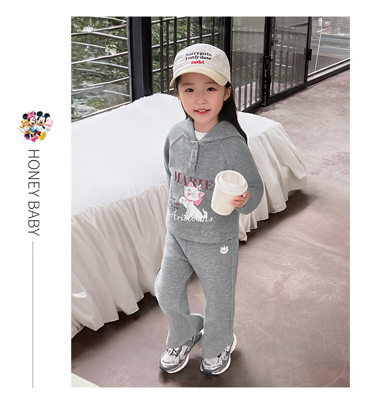 Disney Girls' Set, Children's Hooded Top And Flared Pants, Casual Two-Piece Outfit for Young Kids, Autumn Season, Light Floral Gray, Size 110 7