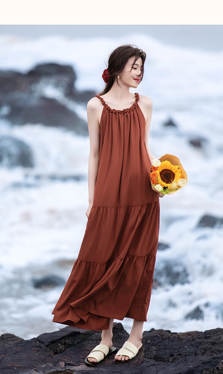 Demana [Neck-Tie Halter] Summer Elegant Vacation Style Handmade Gathered Collar Off-Shoulder A-Line Waistless Women's Dress 16