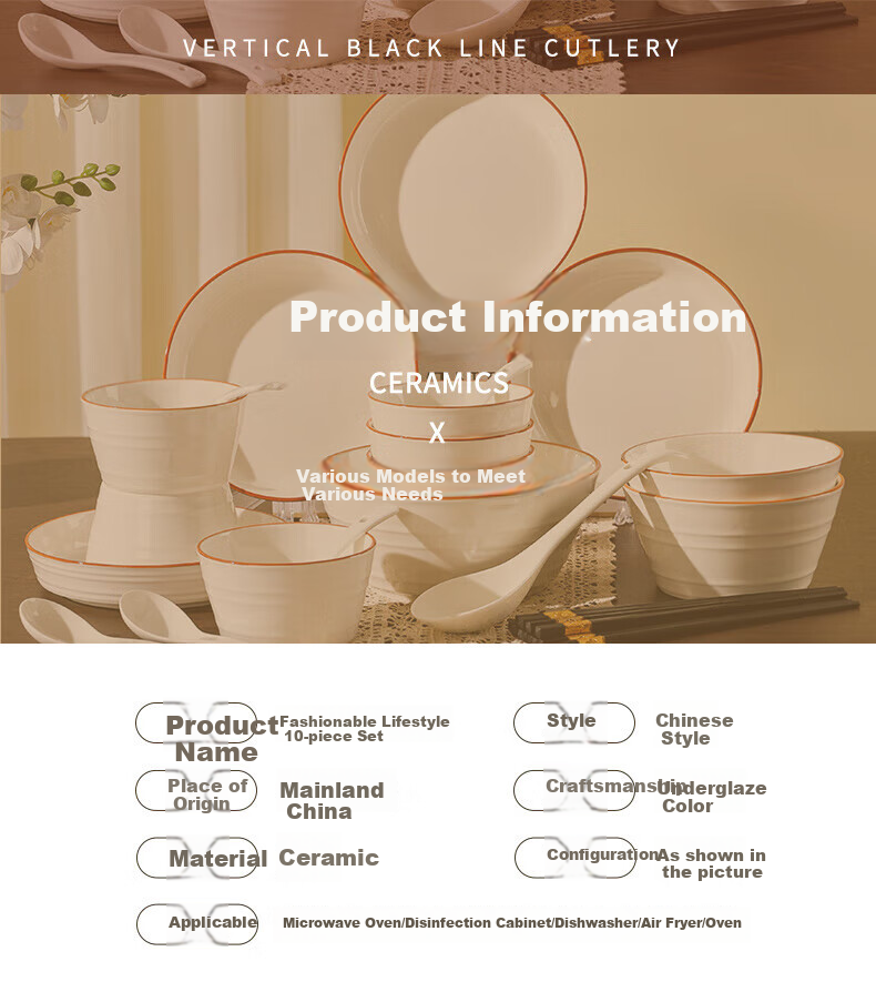 Chuanqi Simple Ceramic Bowl And Chopsticks Tableware Set for Home, 10-Piece Complete Set of Bowls, Plates And Dishes, Stylish Living 7