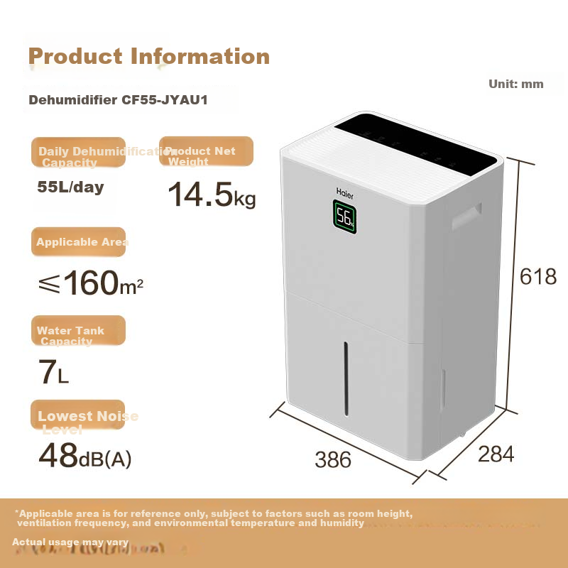 Haier Dehumidifier, Indoor Home Use, Suction Moisture Pump, Top-Loading, Basement Villa Industrial High-Power Moisture Absorption, Humid Season, 55 Upper Drainage, Clothes Drying Device CF55-JYAU1