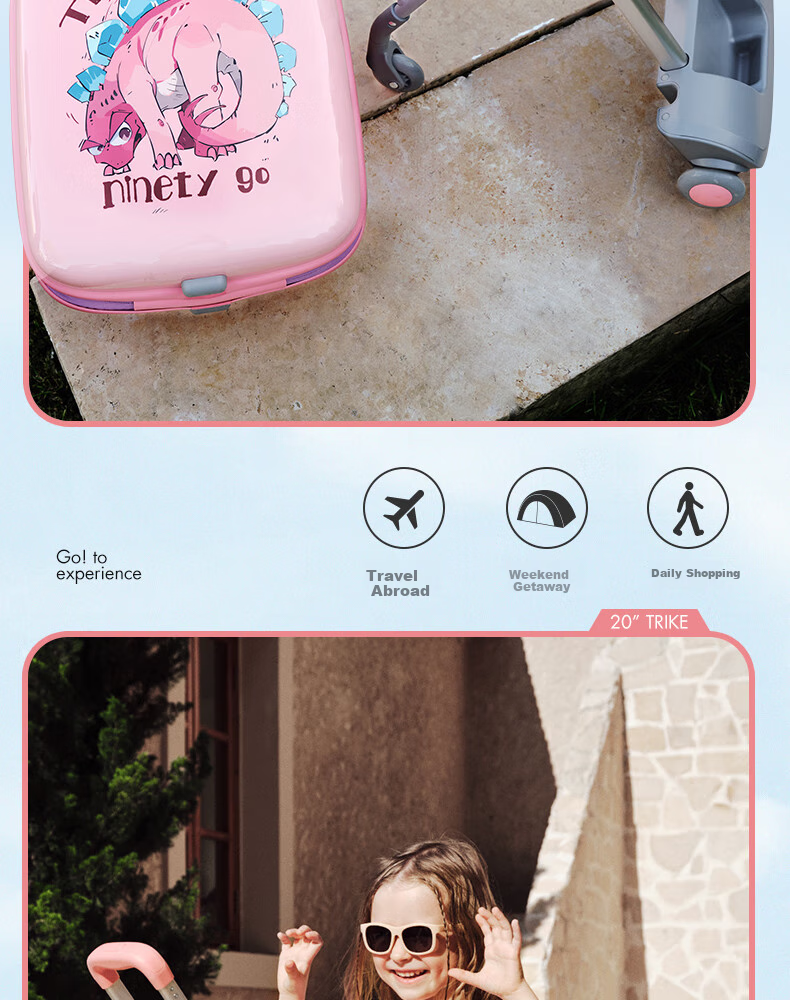 90Fen Children's Luggage, 20-Inch Small Suitcase, Rideable And Walkable Stroller Case, Travel Trolley Case, Carry-On Luggage, Pink 7