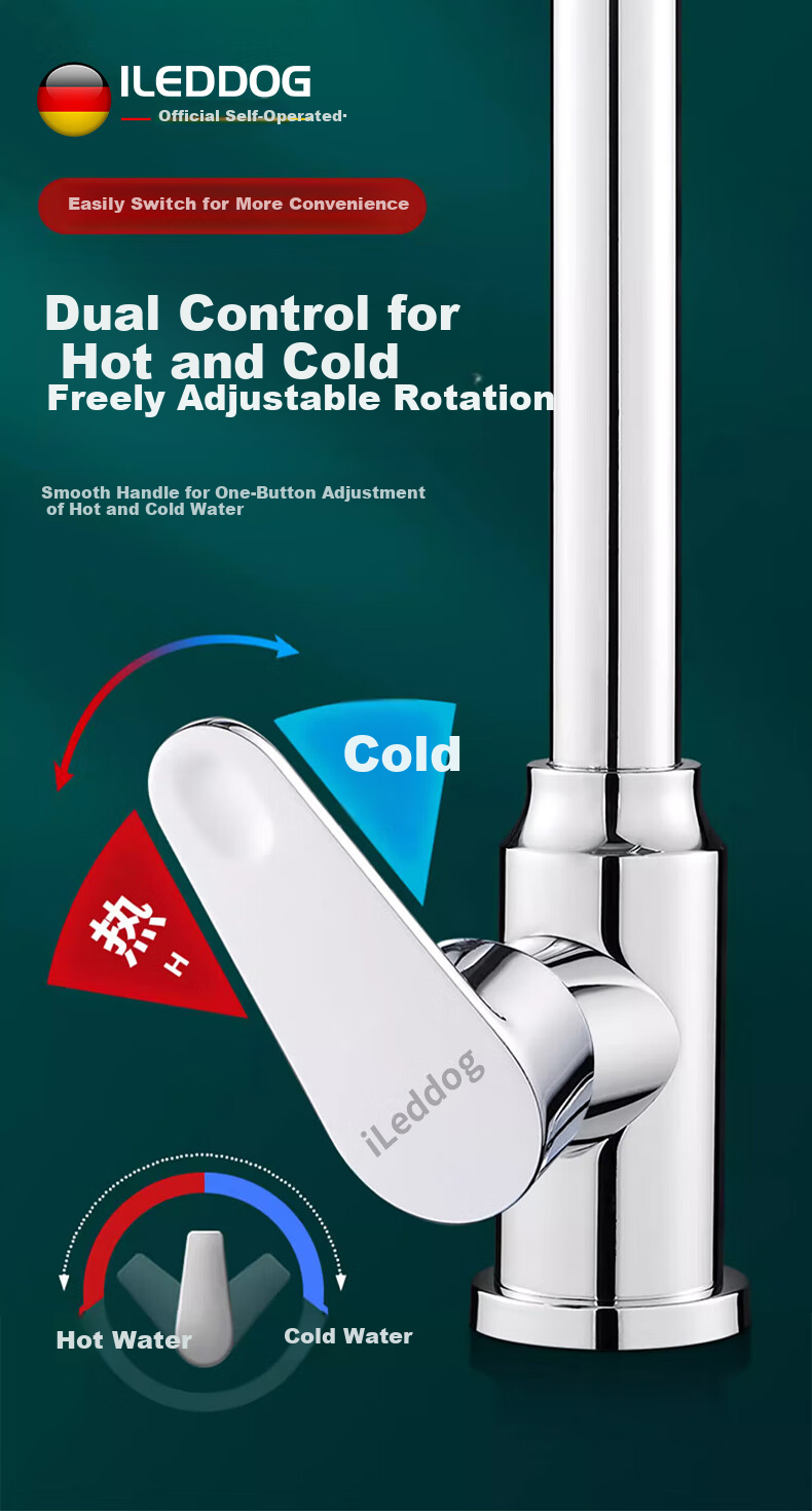 ILeddog [Germany] Kitchen Faucet, Dual Temperature And Control, Dishwashing Sink, 360° Rotating Anti-Splash Tap, CFLT-GY2D 8