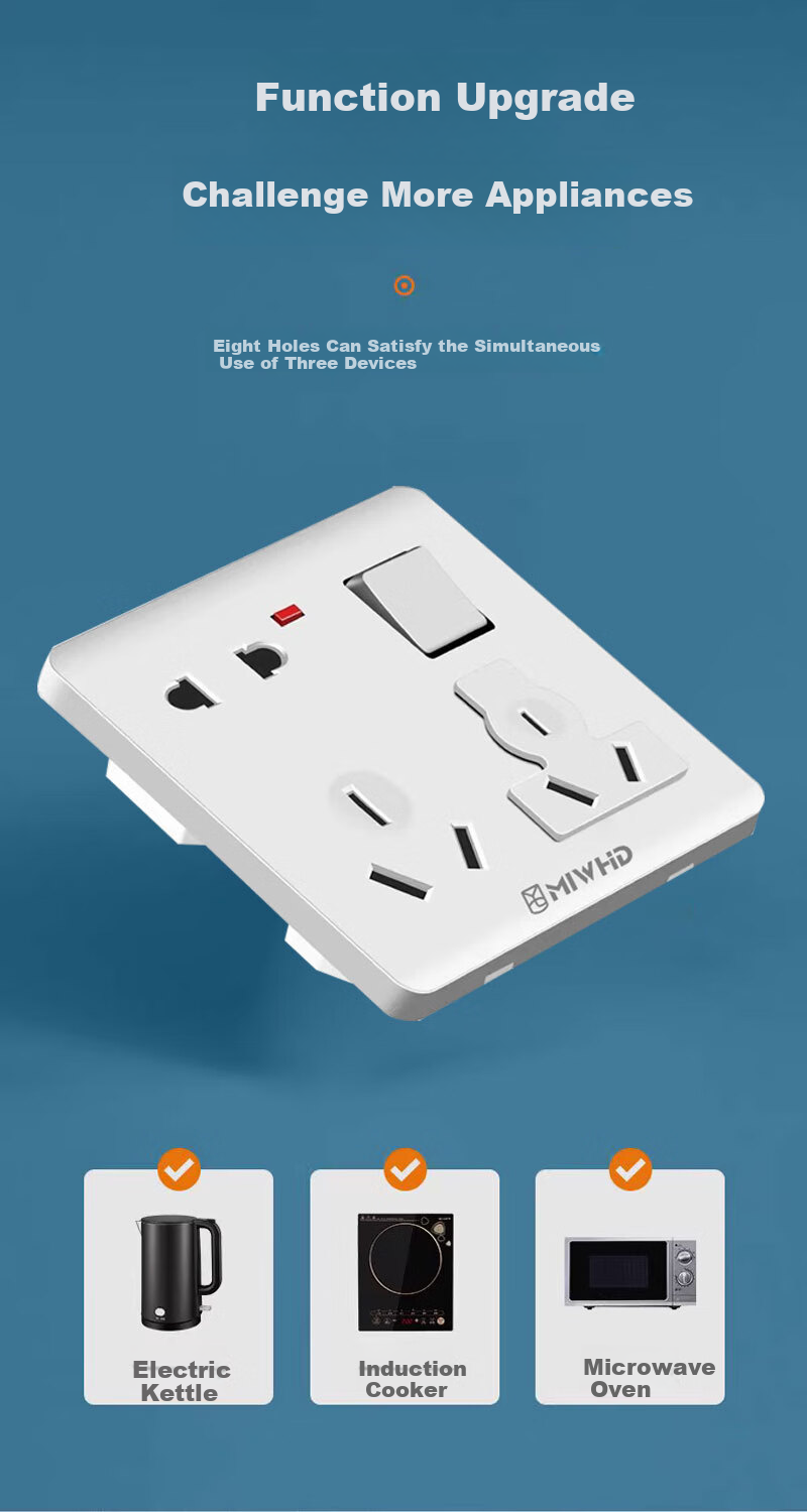 MIWHD Single Switch with Eight Holes And Light, Wall Panel Switch Socket, 86 Type, 10A-16A White Concealed Switch, MLGD-34/1 16 220 2 4