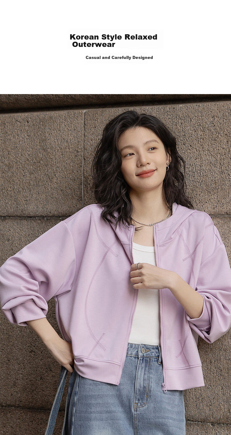 Dme [Low-Saturation Outfit] Spring Simple Style, Pressed Line Design, Casual Hooded Loose-Fitting, Slimming, Comfortable Women's Jacket 3