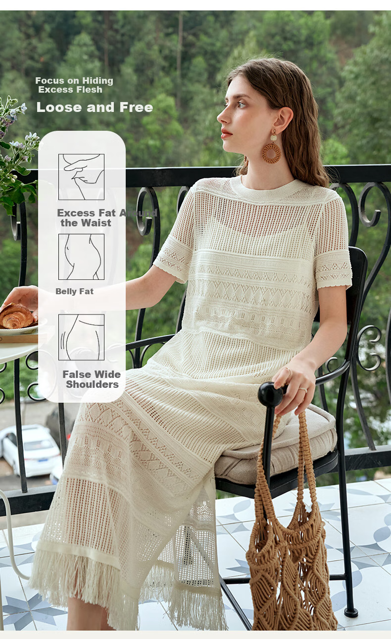 Olrain Hollow Out Dress Women Summer Vacation Style Spaghetti Strap Two-Piece Knitted Long Dress Coconut Milk White S 8