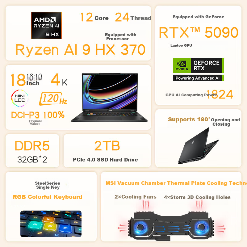 MSI Jueying 18 AI + Ryzen Edition 2025, Subsidized, 18-Inch Thin And Light Gaming Laptop (Ryzen AI 9 HX, 370 RTX50, 64GB RAM, 2TB Storage, 4K Display)