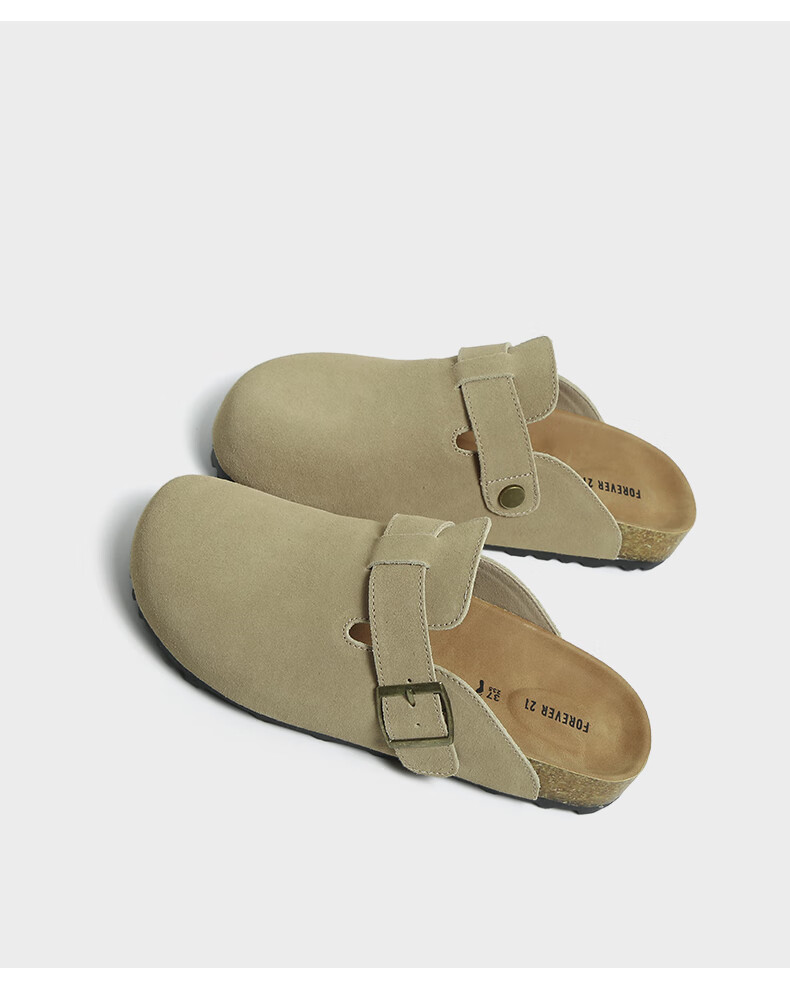 FOREVER21 Women's Leather Slippers Spring Autumn Birkenstock Style Thick Sole Slip-On Half Slippers Khaki Size 36 11