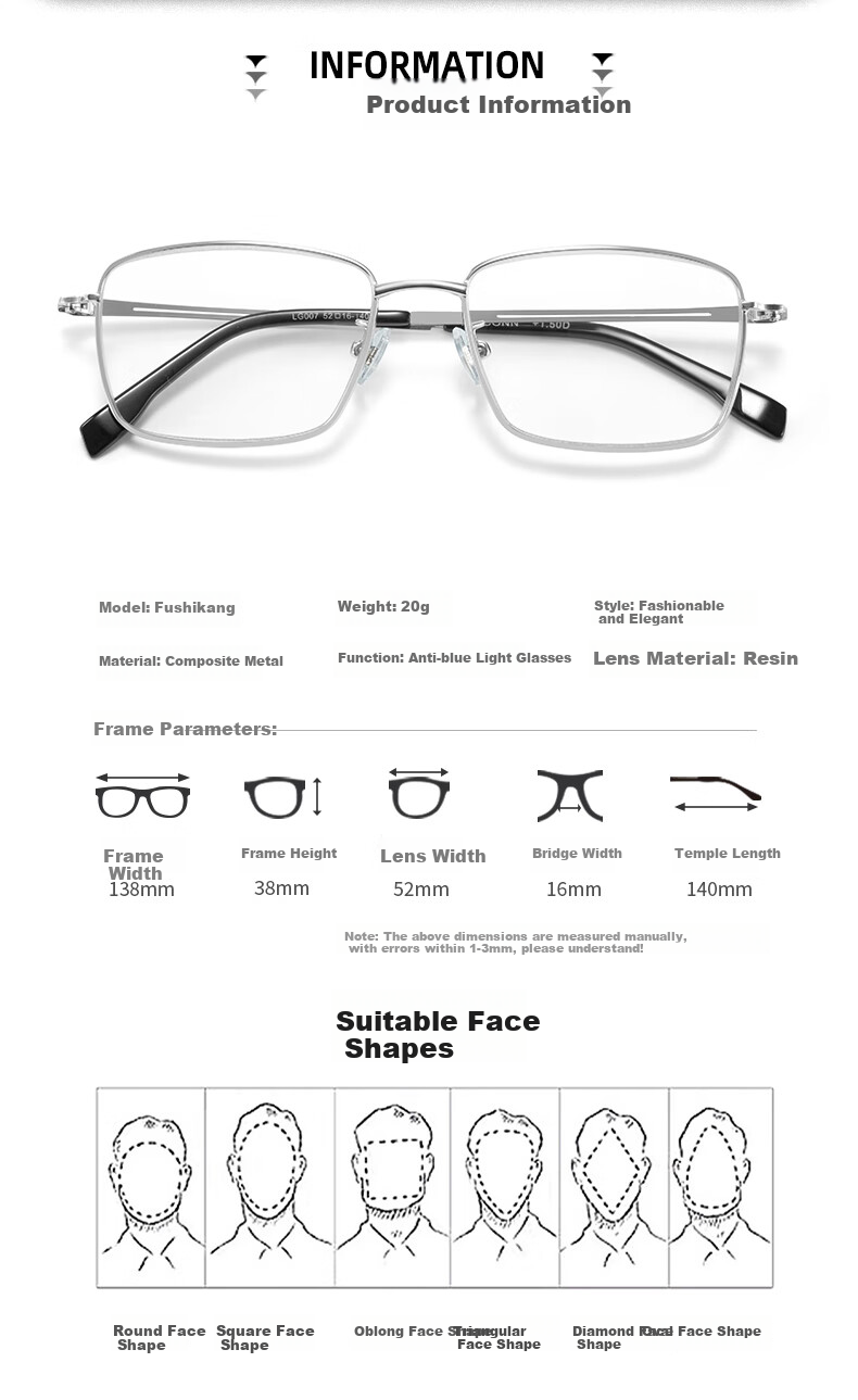 Fushikang Reading Glasses for Men, High Definition Anti-Blue Light Business Fashion Imported High-End Presbyopic Glasses LG007 +350 14