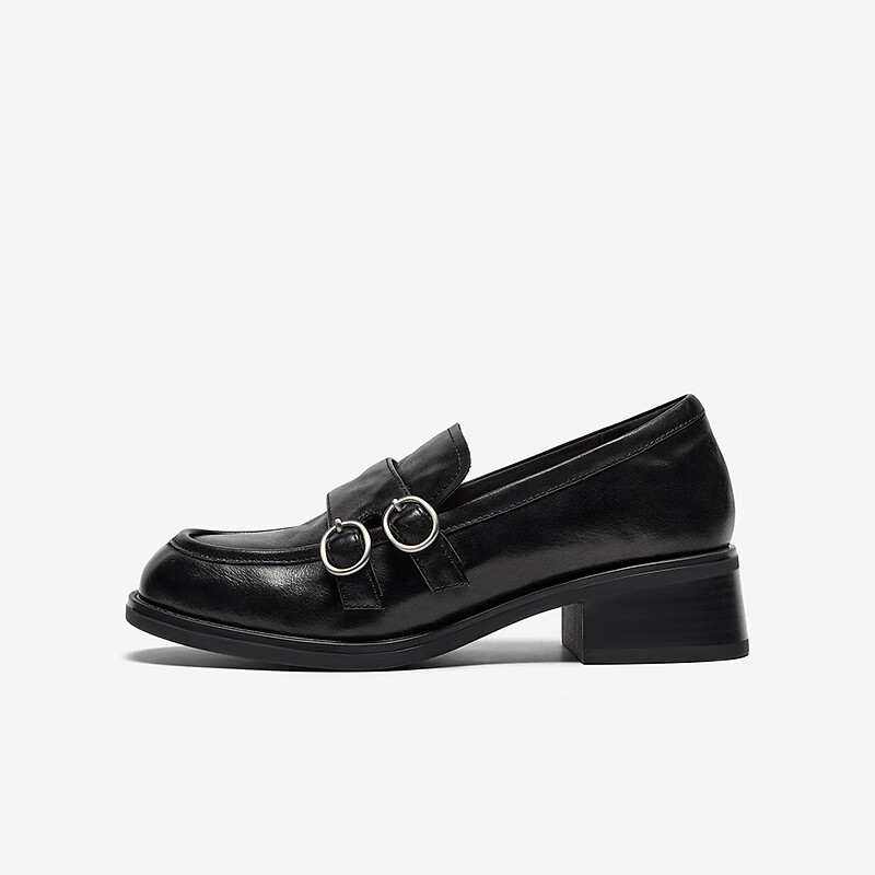 Bajia Le Women's Loafers 2025 Autumn Cowhide Commuter Chunky Heel Pumps 51536CA5 Black Size 36