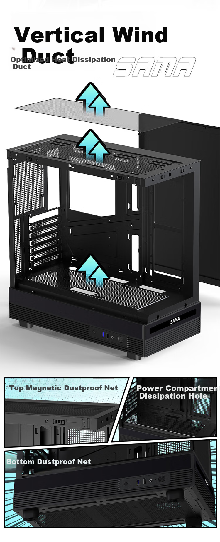 SAMA Jinghong Black ATX Panoramic Gaming Computer Case, 270° View/Double-Sided Glass/Supports 360 Water Cooling/9 Fan Positions/427mm Long Graphics Card Slot/U2+U3 10