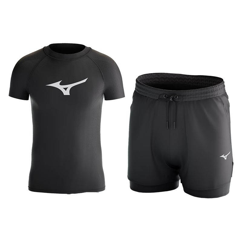 MIZUNO Men's Swimwear, Anti-Embarrassment Beach Shorts, Chlorine-Resistant Quick-Dry Large Size Short-Sleeve Swimming And Hot Spring Equipment, 3110 Black 2XL