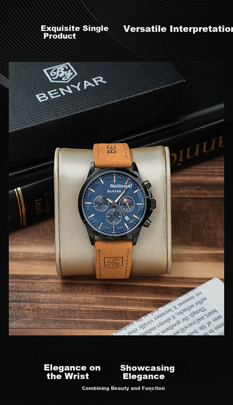 TSAR BOMBA Back-To Season Benyar Star Moon Calendar Men's Quartz Watch, Elegant Casual Business Style for Students And Boyfriends 7