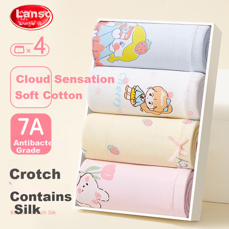 LangSha Children's Underwear, Girls' Pure Cotton Panties, Baby Comfortable Antibacterial Boxer Briefs, Cartoon Style for High School Girls, 4-Pack