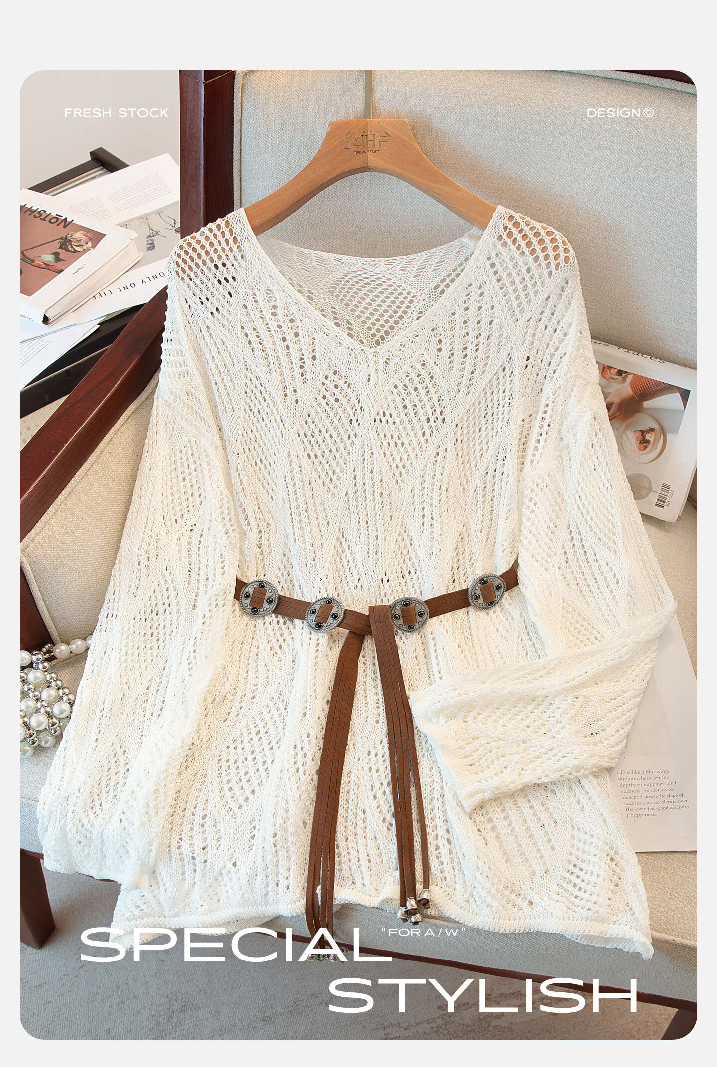 Cypress V-Neck Knit Sweater 2026 Spring New Women's Literary Style Pullover Hollow Out Three-Quarter Sleeve Top 1