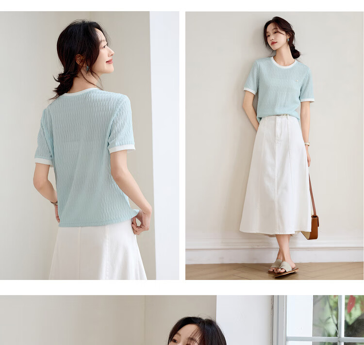 Sentubila Round Neck Short Sleeve Regular Shoulder T-Shirt for Women, Summer Contrasting Color Spliced Knit Top, Elegant Versatile High-End Blouse 15