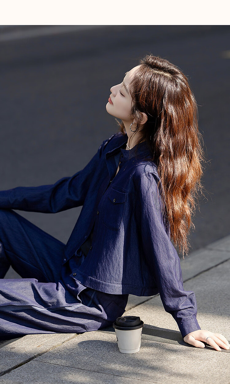 Demana Hong Kong Style Denim Set Spring Vintage Relaxed Fit Crew Neck Top Elastic Waist Wide Leg Pants Women's Two-Piece Set 13
