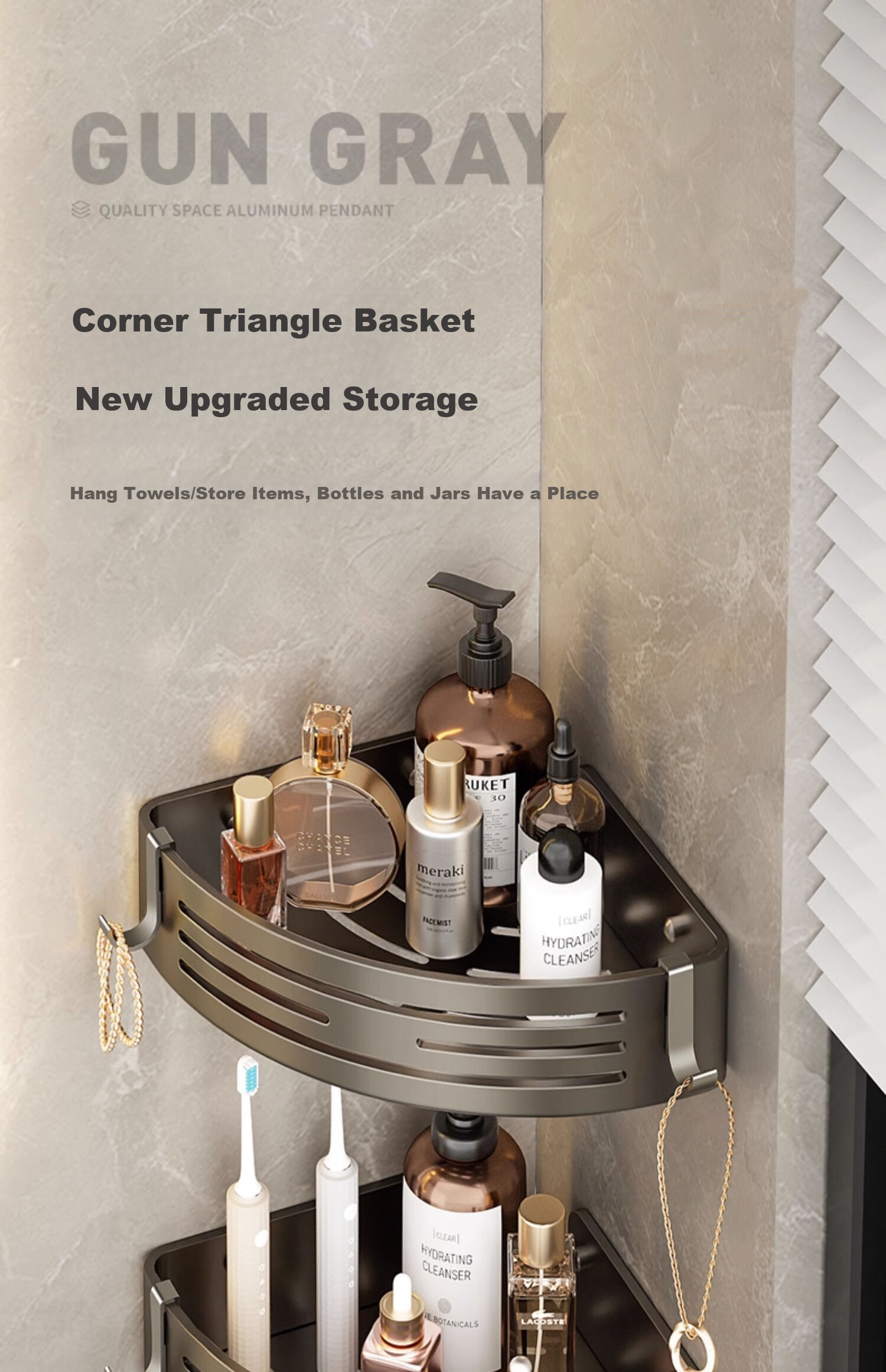 Xinpei Space Aluminum Bathroom Storage Rack, No Drilling Required, Bathroom Vanity Corner Shower Toilet Washroom Triangular Shelf Basket 1