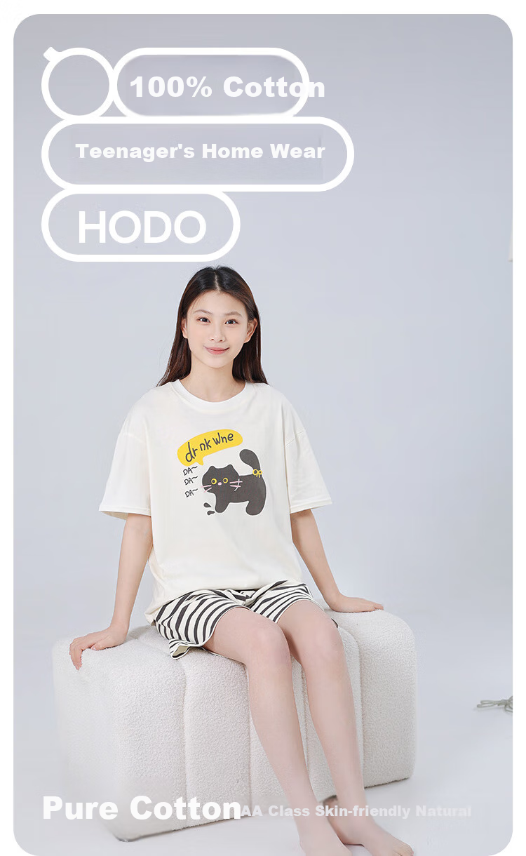 Hodo Youth Short-Sleeve Pajama Set, Summer Wear for Boys And Girls, Middle School Students, Pure Cotton Loungewear, Suitable for Outdoor Wear, N3357, Light Blue, Size 170 1